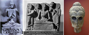 Ejemplos de la iconografía del 'Buda asceta' en piedra. A la derecha, cabeza de esquisto del Museo Británico.