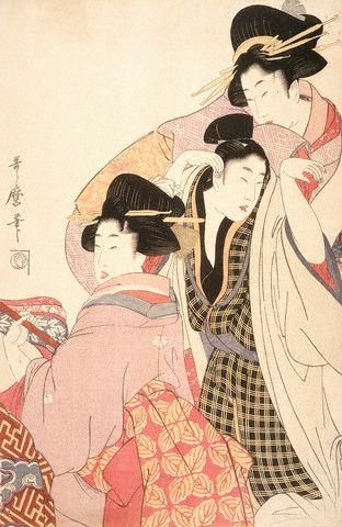 Jóvenes geishas bailando mientras otra geisha toca el shamisen, Kitagawa Utamaro, (1805).