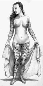 Dibujo de una mujer tahitiana tatuada.