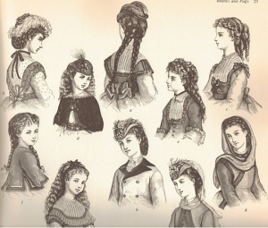 Ilustración de revista que muestra diversos peinados a sus lectoras en la década de 1880.