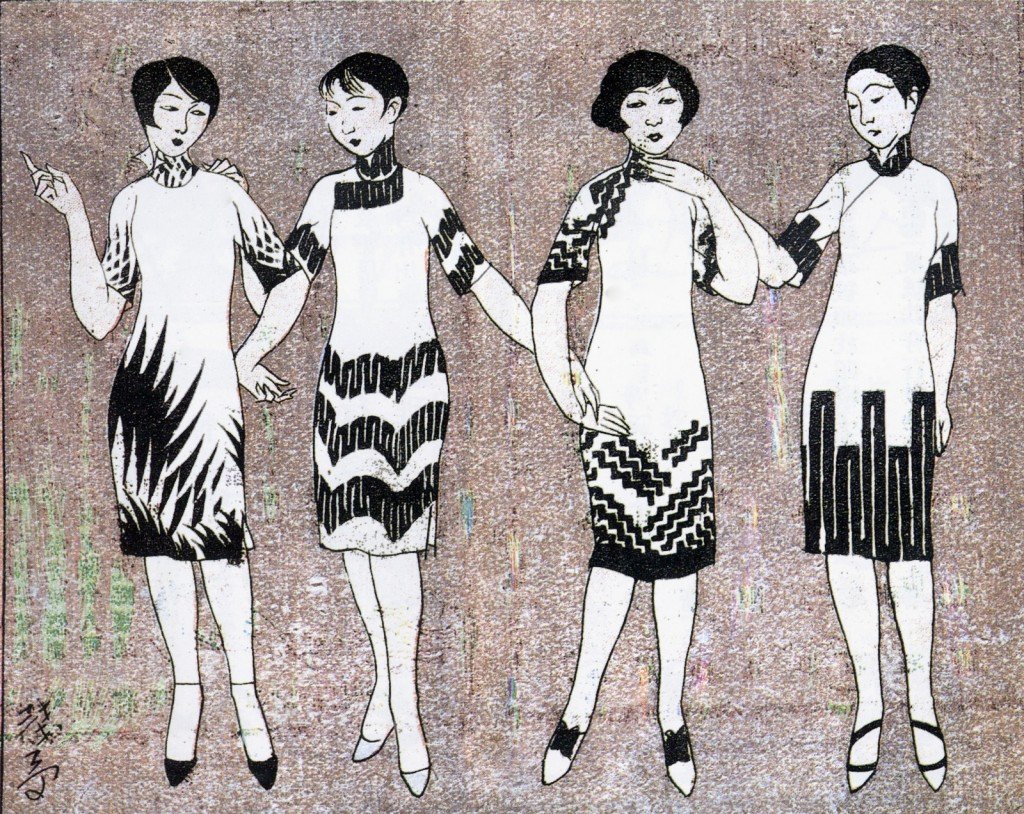 "Modas de verano" (1928). Ilustración de Ye Qianyu para la importante Shanghai Manhua, que muestra la fusión entre la vestimenta occidental contemporánea y la tradicional china.
