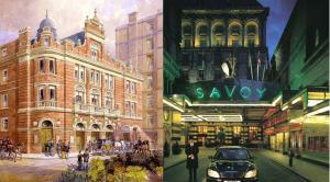 El Teatro Savoy en una imagen de época (izquierda) y en la actualidad, ampliado con un hotel de lujo (derecha). 