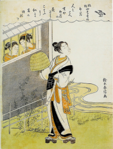  ‘El cuarto mes’ (h. 1768), grabado de Suzuki Harunobu, muestra a un joven disfrazado de monjekomuso ante dos hermosas muchachas. Este medio de camuflarse era habitual entre samuráis y jóvenes para viajes y correrías. El personaje porta un shakuhachi en su mano izquierda.