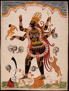 Pintura india que representa a la diosa Kali, que como se observa tiene asociados los mismos colores simbólicos que  Rangda.