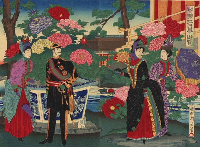 Contemplación de las peonías, Yôshû Chikanobu (1838-1912), 1888.  Dos estampas ukiyo-e, técnica nishiki-e. Colección particular .