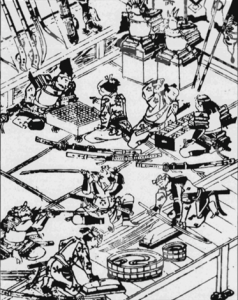 En la ilustración podemos observar algunos detalles del día a día de la guarnición. Aparecen cuatro samuráis jugando a distintos juegos de mesa, una pareja juega al go, y la otra al sugoroku, un juego similar al backgammon. Otro grupo de samuráis se encuentran afilando y revisando katanas y flechas.