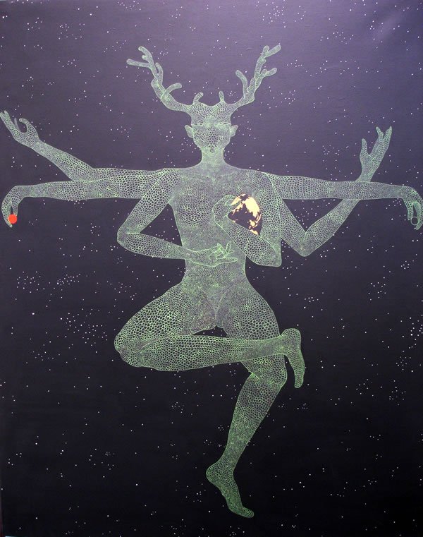 Las obras de la artista son variadas y tienen muchas vertientes distintas, en la imagen Dieu de la nature (Dios de la naturaleza), del año 2002.