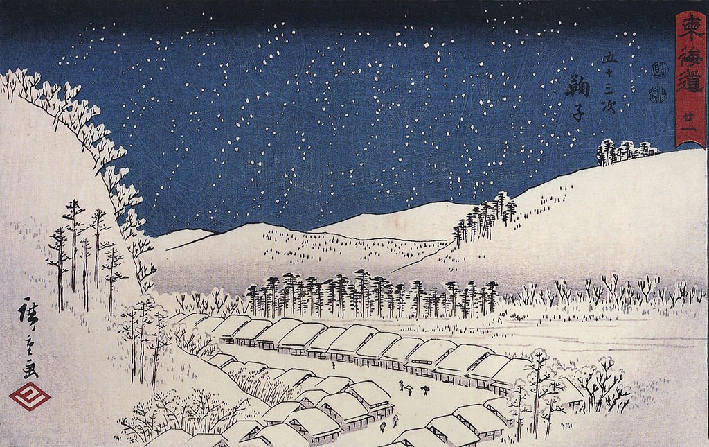 Hirosige, "Nieve cayendo sobre un pueblo", c. 1833.