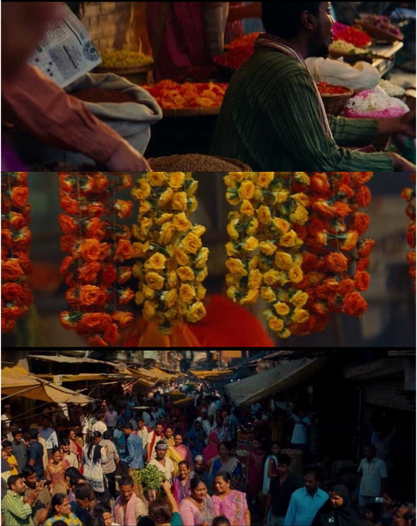 Ejemplo de tres coloristas fotogramas extraídos del principio del film, y que ayudan a ubicar la acción en Bombay.