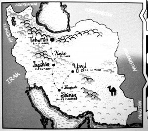 Viñeta que muestra la ruta que el grupo recorrerá en Irán.