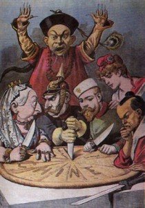 Caricatura que muestra a las potencias europeas repartiéndose China. 