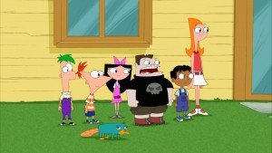 El grupo protagonista. De izquierda a derecha: Ferb, Phineas, Isabella, Buford, Baljeet, Candace y, en primer plano, Perry el ornitorrinco. 