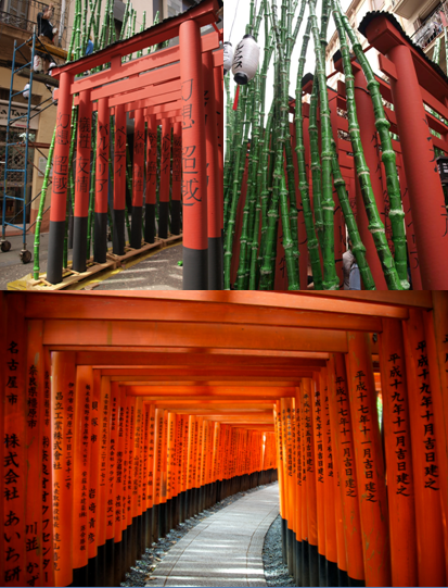 Arriba: dos imágenes (la primera, en los días previos a la fiesta, durante el montaje) de la calle Verdi.  Abajo, pasillo de torii del santuario Fushimi Inari. 