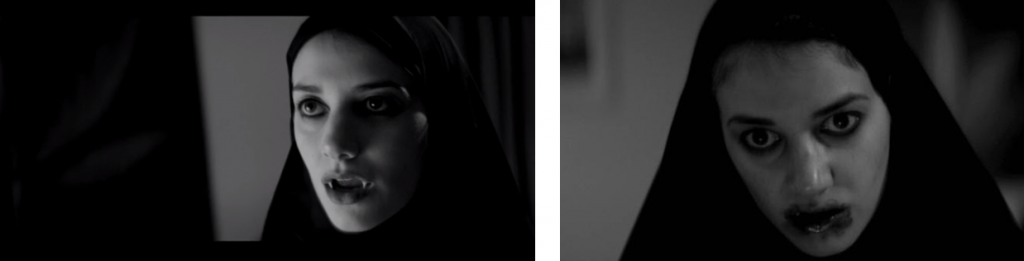Dos fotogramas que ilustran la transformación iconográfica del vampiro clásico en nuestra protagonista.
