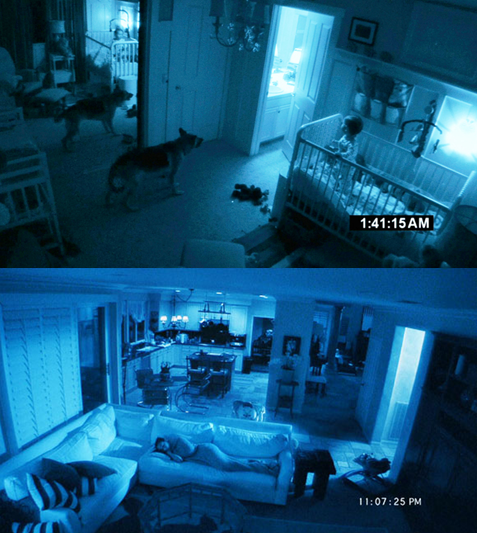 En Paranormal Activity 2, como en Tokyo night, también se utiliza el recurso de la multicámara. En este caso, vemos dos fotogramas de las cámaras de seguridad de la casa, instaladas en todas las habitaciones.