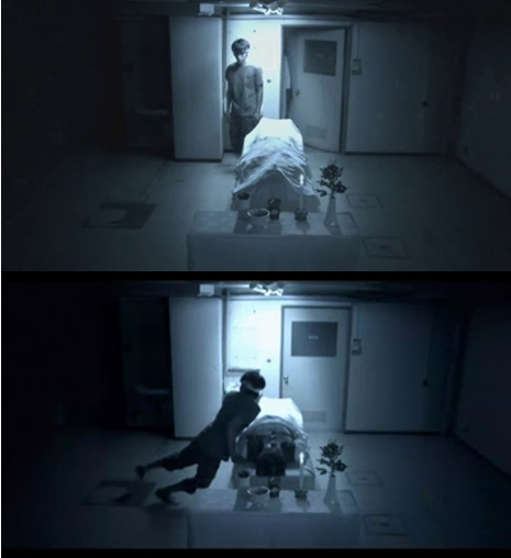 Dos fotogramas de la secuencia final, una grabación procedente de la cámara de vigilancia de lo que se supondría que es la morgue. A la izquierda, Koichi entra en la habitación para reconocer el cadáver; a la derecha, es arrastrado hacia la oscuridad. En el fotograma final veremos al culpable, en una imagen muy similar a la caracterización de Sadako Yamamura en Ringu: cabello largo y negro en la cara, de cuyos rasgos sólo vemos un ojo.