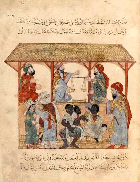 Miniatura islámica que representa un comercio de esclavos. 