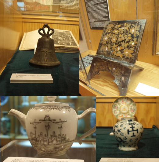 Ejemplos de enculturación: atril japonés de estilo namban (arriba a la derecha) y varias piezas chinas: campana, tetera y pequeño recipiente, todos con representaciones de la Cruz. 