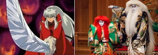 No es complicado comparar a Inuyasha (izda.) o a Sesshômaru con los renjishi del teatro kabuki (dcha.) gracias a su atuendo, peinado, porte o uso de los colores.