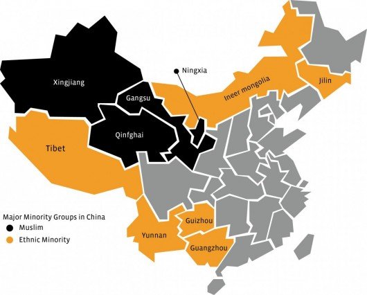 Mapa de China sobre el que se indican las principales zonas donde habita la población musulmana (fuente: Spikethenews).