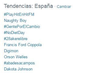 Imagen de los trend topics o tendencias españolas de Twitter la mañana del 6 de mayo de 2015, cuando fueron anunciados datos concretos sobre la producción conmemorativa. 