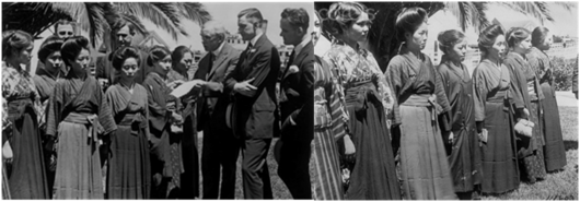 Miembros del comité del Congreso examinando los pasaportes de mujeres japonesas en la Isla de los Ángeles, en 1920.