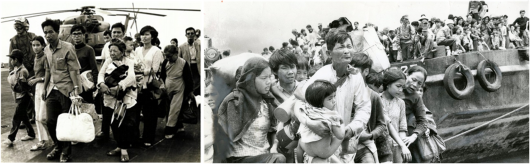 Dos imágenes de los refugiados vietnamitas abandonando Saigón.