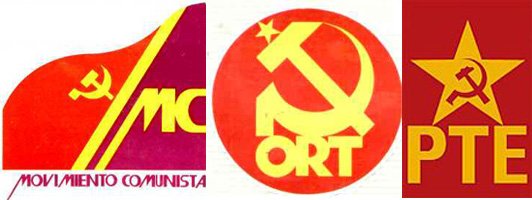De izquierda a derecha:  - Logo del Movimiento Comunista de España, surgido en 1972, en 1991 se integró en IU. - Logotipo de la Organización Revolucionaria de Trabajadores (ORT), partido político maoísta español existente entre 1969 y 1979. - El Partido del Trabajo de España fue otro partido de tendencia maoísta. Nació en 1975 y se fusionó con la ORT en 1979 para formar el Partido de los Trabajadores (PT).