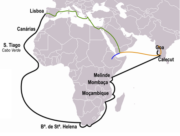 En negro, ruta realizada por Vasco de Gama entre los años 1497 y 1499. 