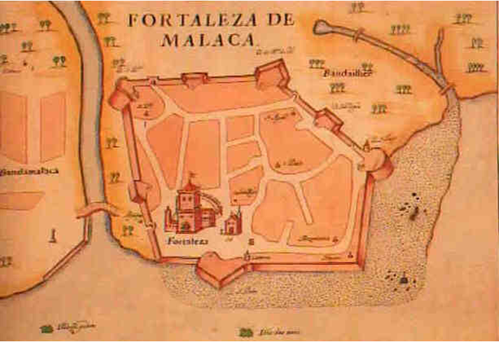 Fortaleza de Malaca recogida en el Livro das Plantas das Fortalezas, Cidades e Povoaçoes do Estado da India Oriental (1600).