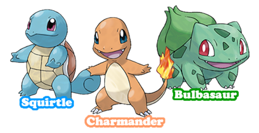 La imagen muestra a los Pokémon iniciales de la región de Kanto.