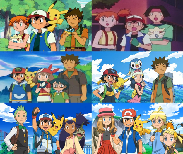 En la imagen se muestran los distintos grupos de personajes que han acompañado a Ash en su aventura a lo largo de todos estos años.