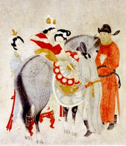 Retrato de Yang Yuhuan desmontando su caballo, Dinastía Yuan.