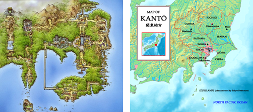 A la derecha, ilustración de la región de Kanto, comparada con la región de Japón en la que se basa.