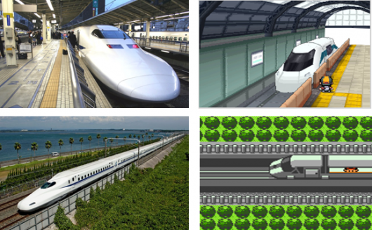 A la izquierda se pueden observar imágenes de dos de los diferentes tipos de trenes de alta velocidad o shinkansen que recorren Japón actualmente. A la derecha, imágenes del Magnetotrén, que permite a los jugadores trasladarse entre Johto y Kanto en las ediciones Oro, Plata y Cristal.