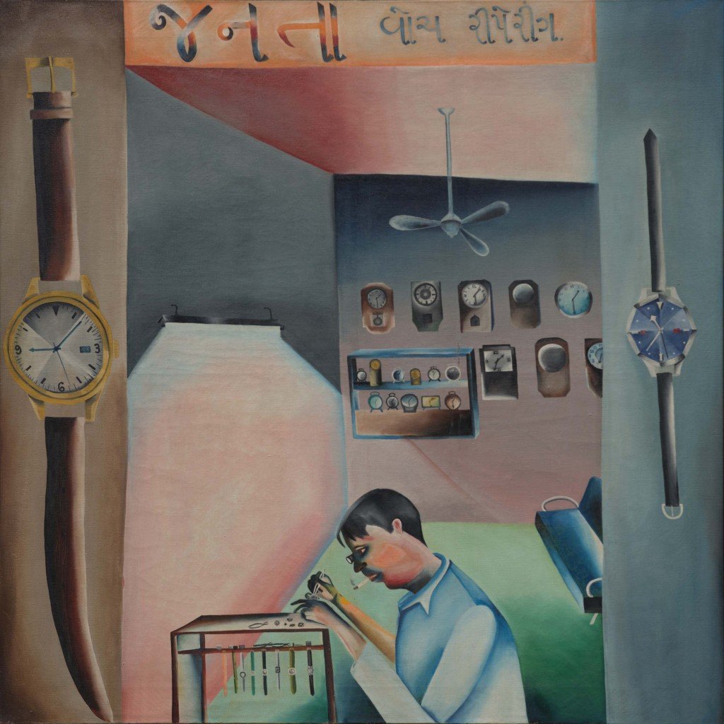 Janata Watch Repairing (Janata reparación de relojes), 1972, Óleo sobre lienzo, Vivan Sundaram and Geeta Kapur © Estate of Bhupen Khakhar, reproducida con permiso de Tate Modern.