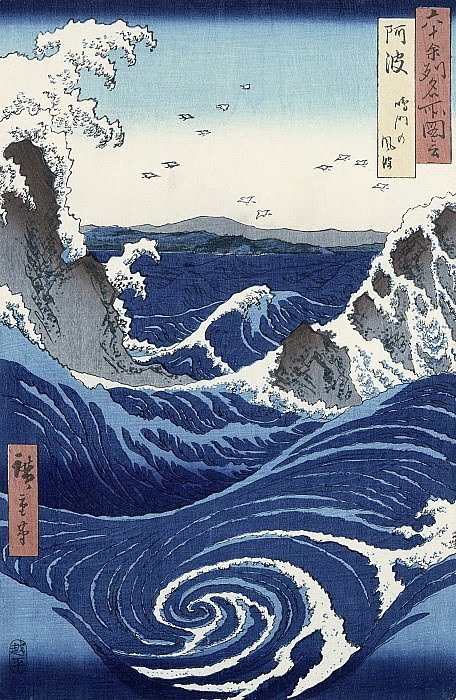 Grabado ukiyo-e de Hiroshige representando un remolino de Naruto.