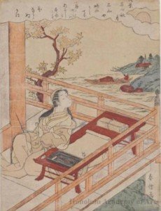 La poetisa Murasaki Shikibu en el templo Ishiyama, Otsu, de Suzuki Harunobu (1768).