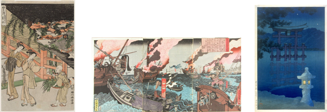 El séptimo mes: Tanabata, comprando flores para el festival Obon, perteneciente a la serie Escenas diurnas y nocturnas de los doce meses del año, por Shunsho Katsukawa (1775), Batalla de Tsukushi, de Utagawa Sadahide (1848) y Luz de luna en el torii del santuario Itsukushima, Miyajima, de la serie Recuerdos de un viaje III, realizada por Hasui Kawase (1928)