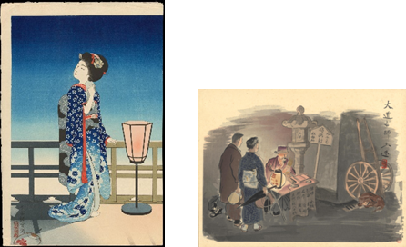 Maiko observando la luna, de Yoshikawa Kanpo (1924) y Adivino, de Sanzo Wada (1941)