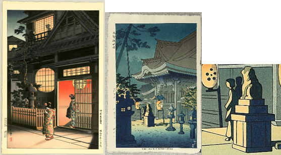 Calle de Araki, en Yotsuya, de Koitsu Tsuchiya (1935) y Escena nocturna en el santuario de Kitano, de Takeji Asano (1952). Detalle de la segunda imagen.