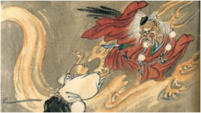 Un elemento importante de la religión es la creencia en los kami (神), espíritus que adquieren la forma de conceptos importantes en la vida diaria, como el viento, la lluvia o la fertilidad. Pueden ser benévolos como Inari, o malévolos como los tengu (imagen) o los kitsune (espíritu en forma de zorro)