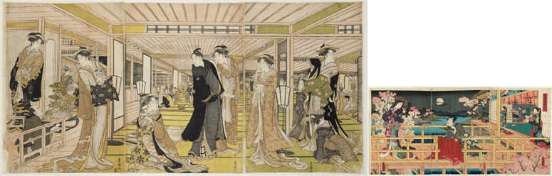 El salón del burdel, de Utagawa Toyokuni I (1769-1825?) y Noche durante los cerezos en flor: Observación de los barrios de placer, de Utagawa Kunisada (1854)