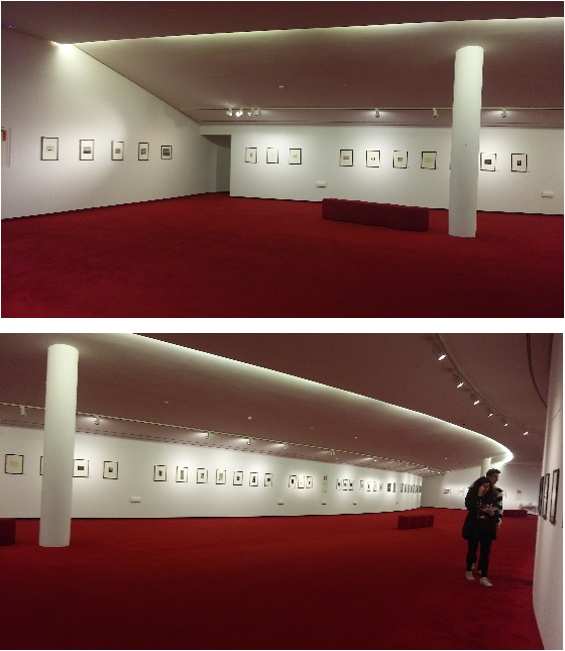 Fotografías del interior del vestíbulo del Auditorio del Centro Niemeyer, lugar donde tiene lugar la exposición fotográfica de Masao Yamamoto.