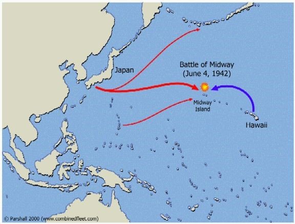 Mapa que muestra la ubicación en la que tuvo lugar la batalla de Midway.