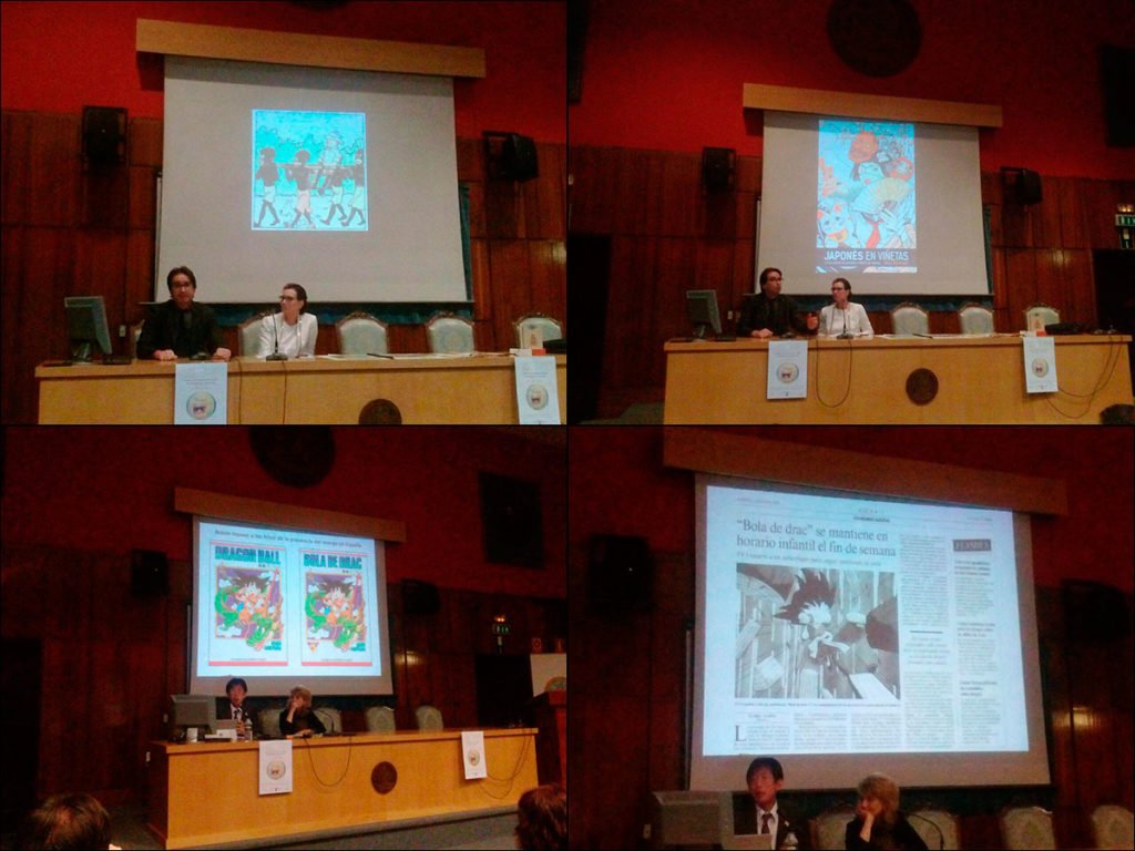 Arriba: dos imágenes de la conferencia de David Almazán.  Abajo: dos imágenes de la conferencia de Hajime Kishi.